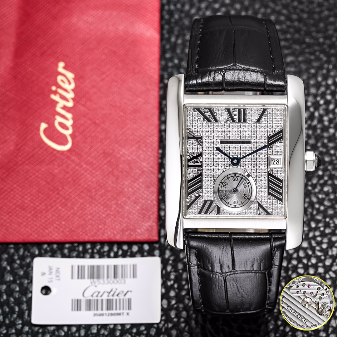 NO:662768,White gold full diamond TK new product 2025 Cartier CARTlER tank full diamond series, Andy Lau's same British tank series final version, square men's watch, watch diameter: 34mmX44mm, equipped with imported fully automatic movement Cal.1904-PS MC ET date display, double sapphire crystal glass, imported Italian belt  It is waterproof to a depth of 30 meters. This is Cartier watchmaking's hymn to modern elegance. With its precise shape, simple lines, natural low-key curvature and harmonious geometric elements, it shows elegance.,,cartier,cartier19860909白 金 全钻 TK新品2025卡地亚 CARTlER 坦克满钻系列,刘德华同款英式坦克系列终级版本,方形男士手表,表径:34mmX44mm 搭载进口全自动机芯Cal.1904-PS MC ET日期显示 双卜蓝宝石水晶玻璃,进口意大利皮带 深度防水30米.这是卡地亚制表为摩登雅士献上的赞歌,以其精准的造型、简洁的线条、自然低调的弧度与和谐的几何元素,尽显优雅风范.,,cartier,cartier,Watch