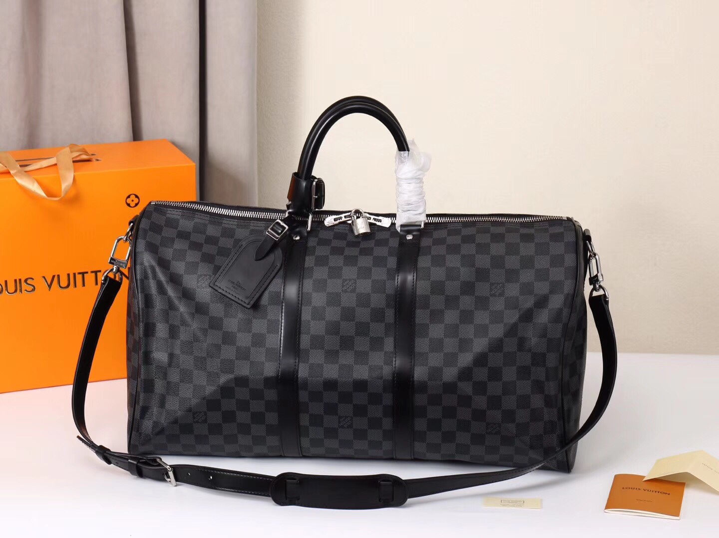 Louis Vuitton LV Keepall Travel Bags Black Grid All Steel Monogram Canvas Cowhide N41416