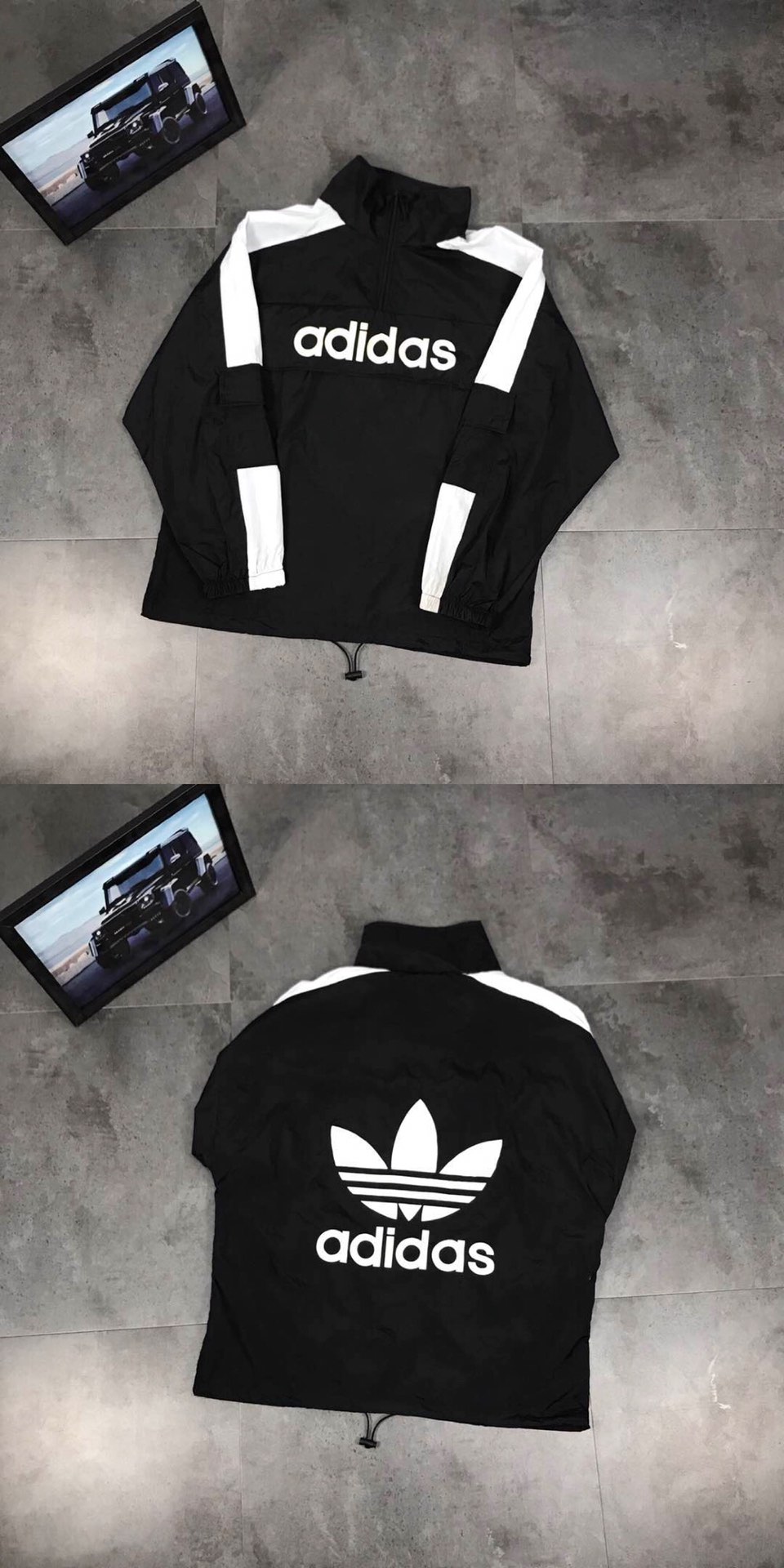 105 Adidas/三叶草黑白拼接半拉链冲锋衣外套  男女同款情侣款  一比一定制  ins爆款  落肩款版型 宽松好穿  店主强烈自留！