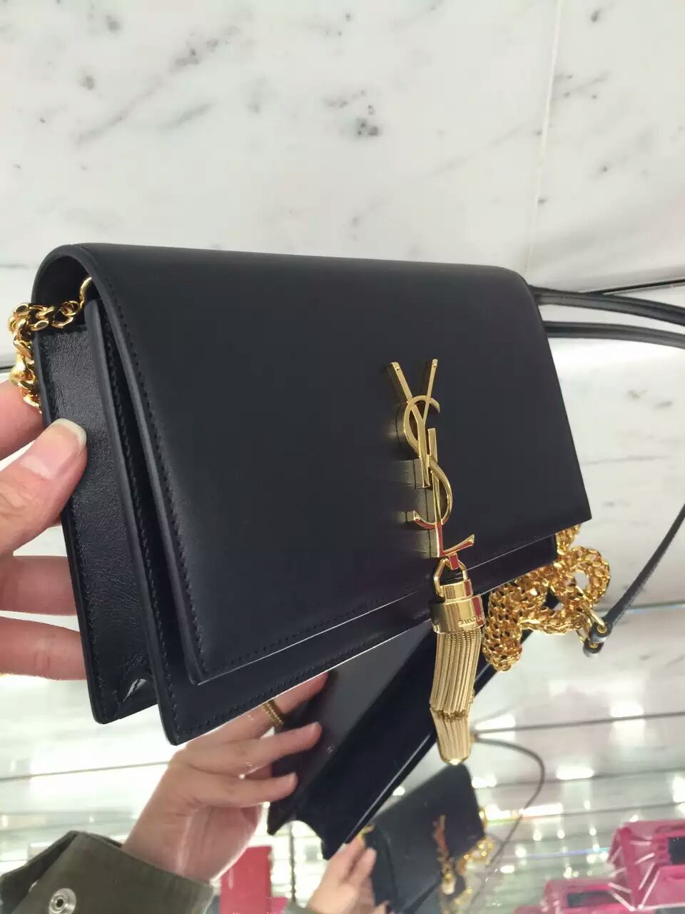 YSL KATE 19CM 流苏链条包 452159平纹/黑色金扣