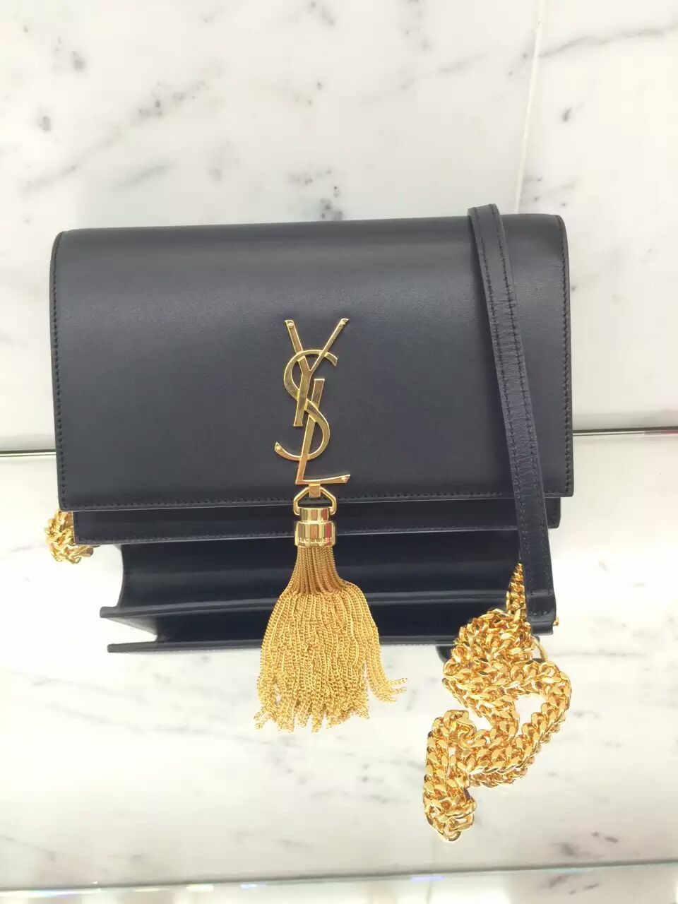 YSL KATE 19CM 流苏链条包 452159平纹/黑色金扣