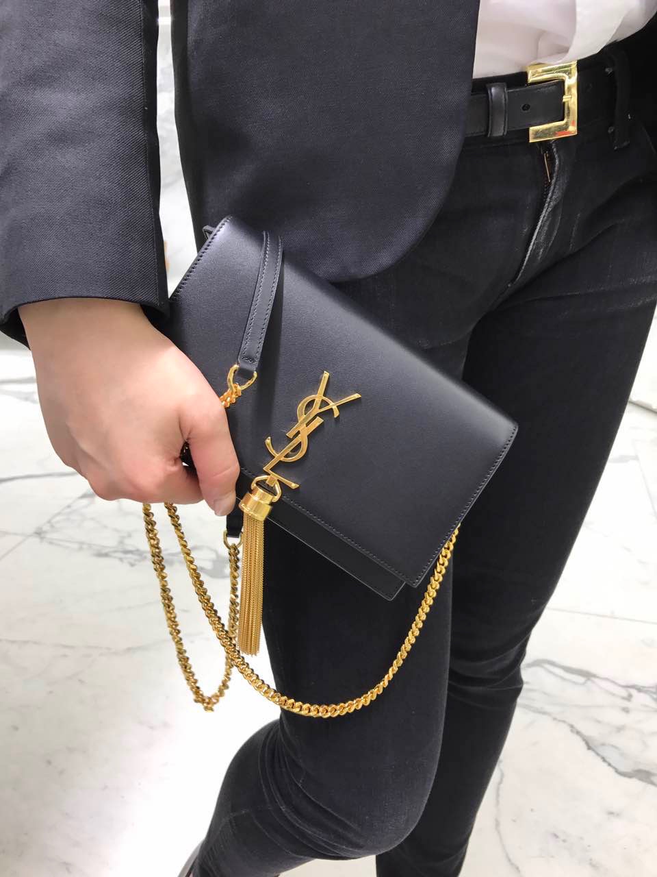 YSL KATE 19CM 流苏链条包 452159平纹/黑色金扣