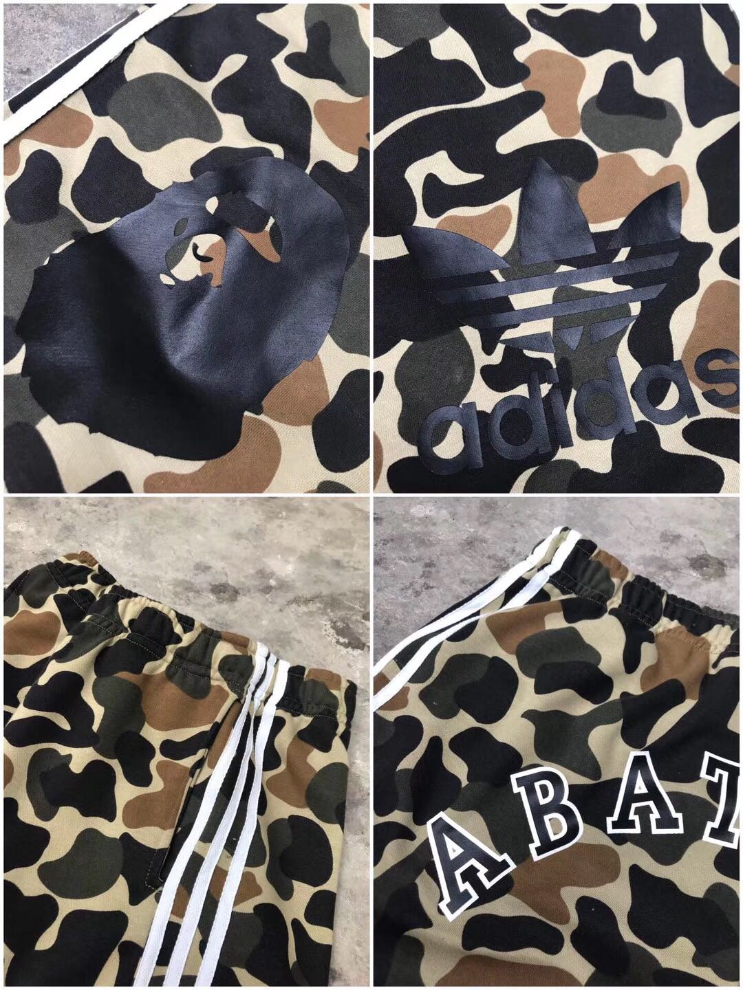 85 Adidas x Bape联名款定制短裤 纯棉定制迷彩花型 三条杠拼接 版型宽松有型 上身很宽松 颜色 迷彩