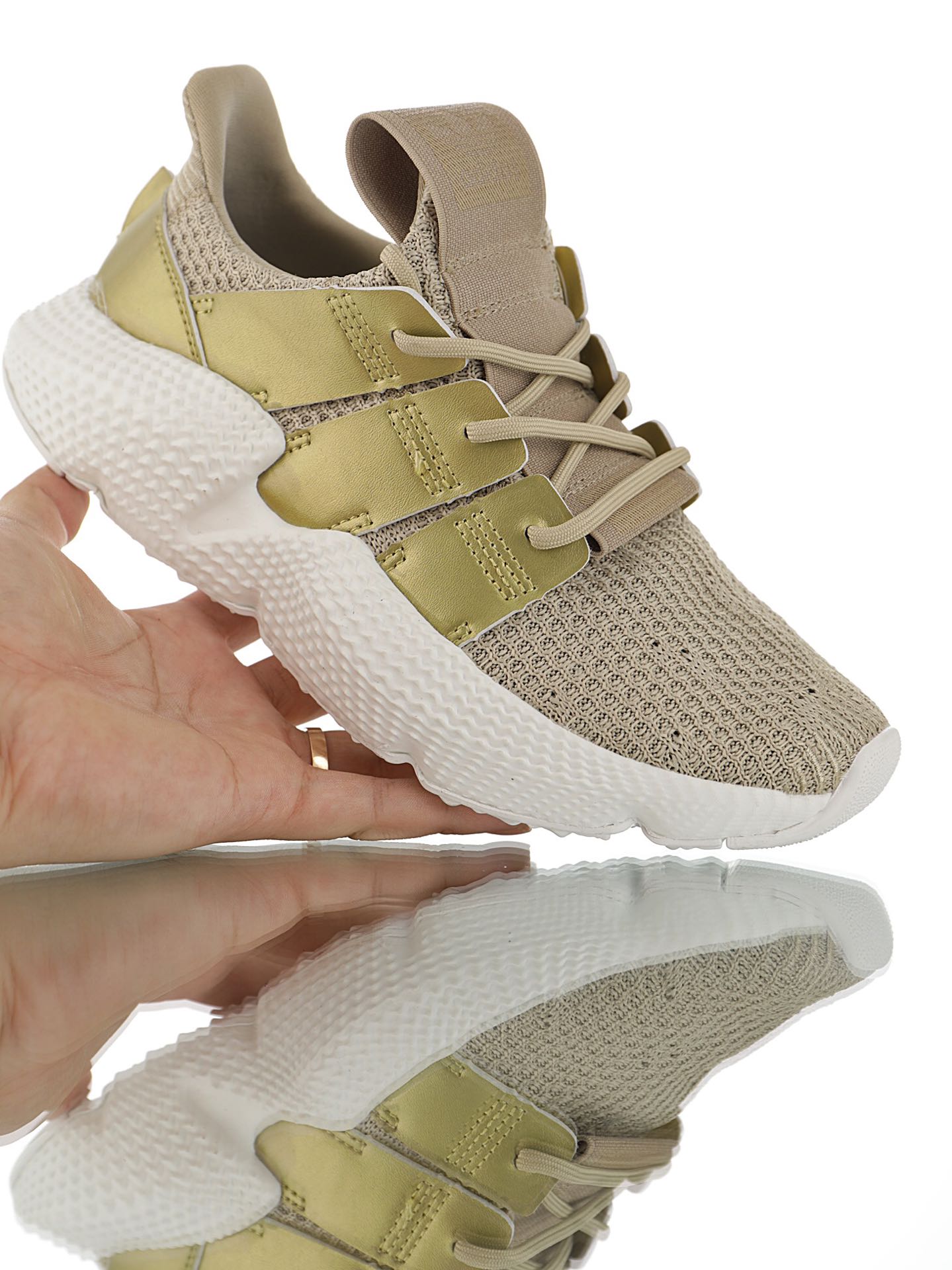 190 男女鞋，真标带半码  三叶草adidas Originals Prophere刺猬套脚飞织百搭慢跑鞋“针织锡箔金”CG6070