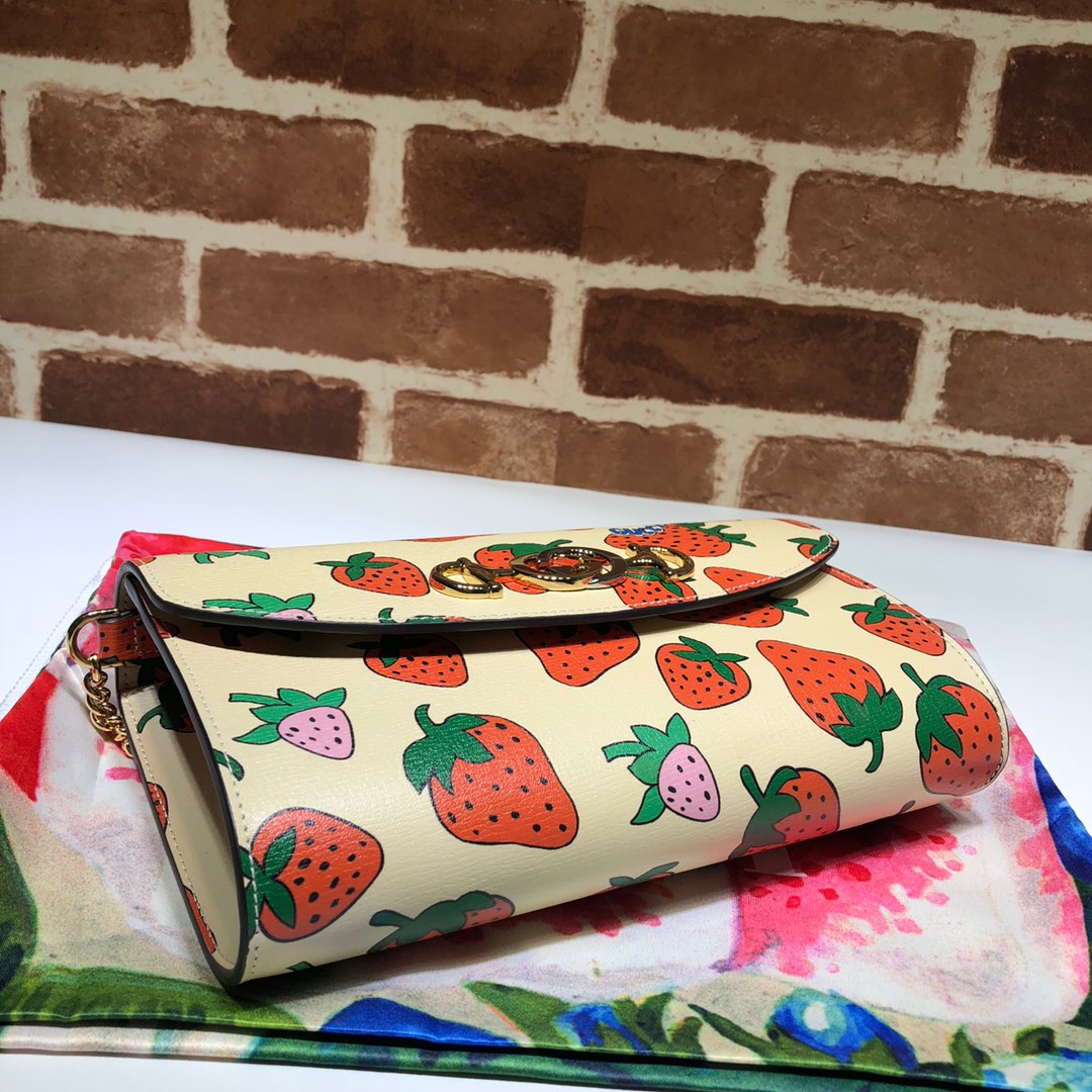 GUCCI古驰马衔扣1955系列草莓印花单肩斜挎包572375