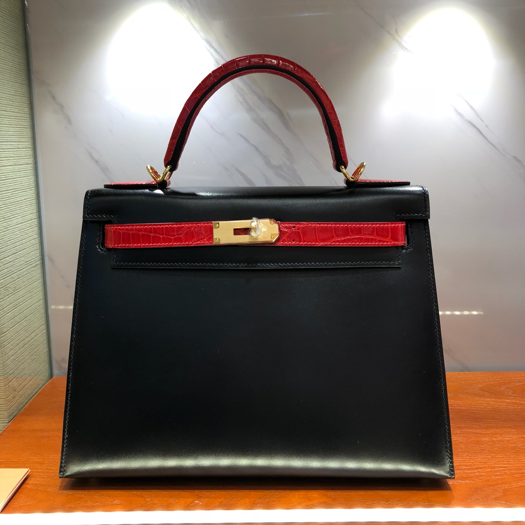 Hermes Kelly 28cm Black Box Leather with Crocodile Trim Gold Hardware