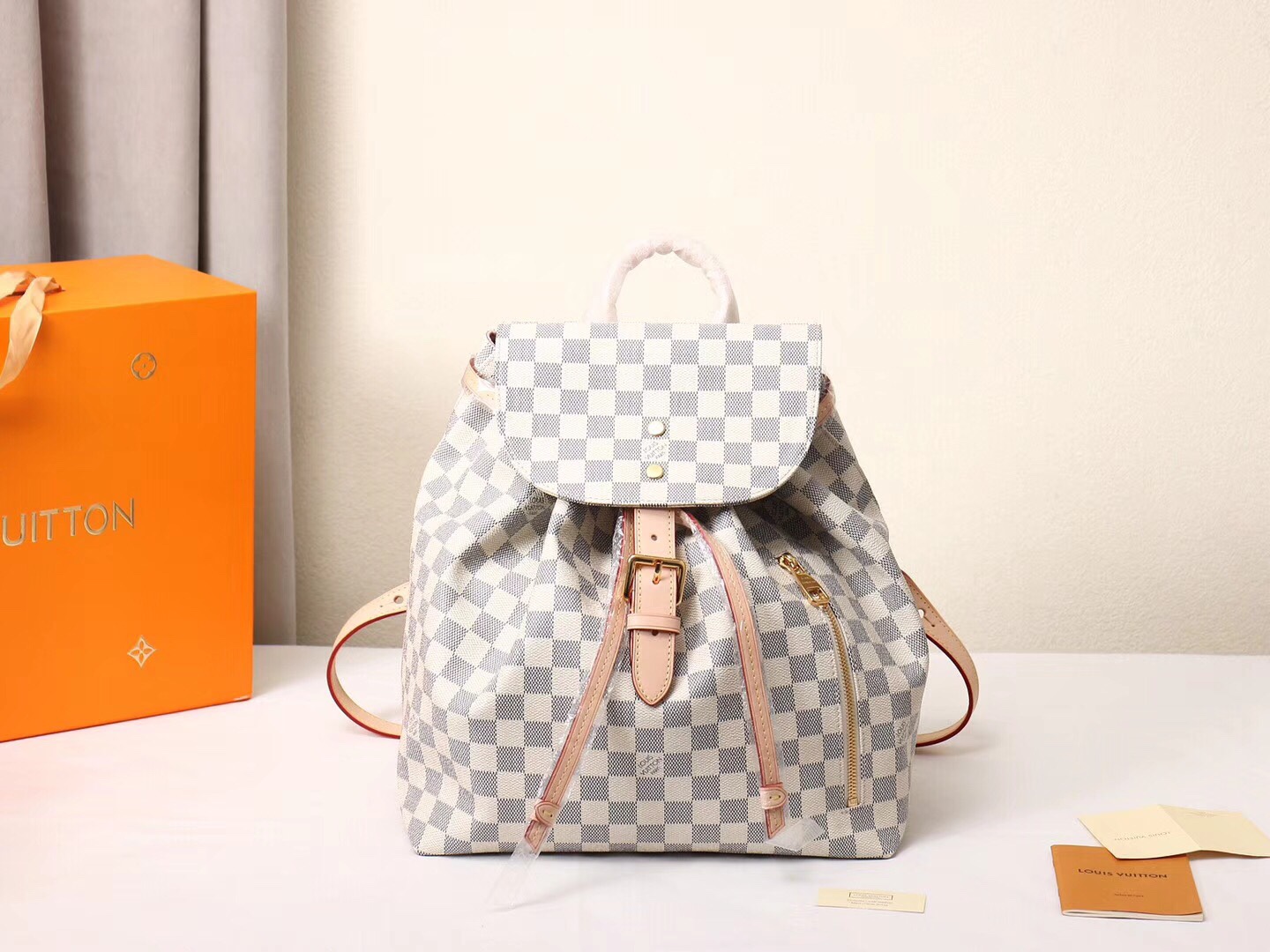 Louis Vuitton LV Sperone Bags Backpack Gold Pink White Damier Azur Canvas Cowhide Fashion N41578