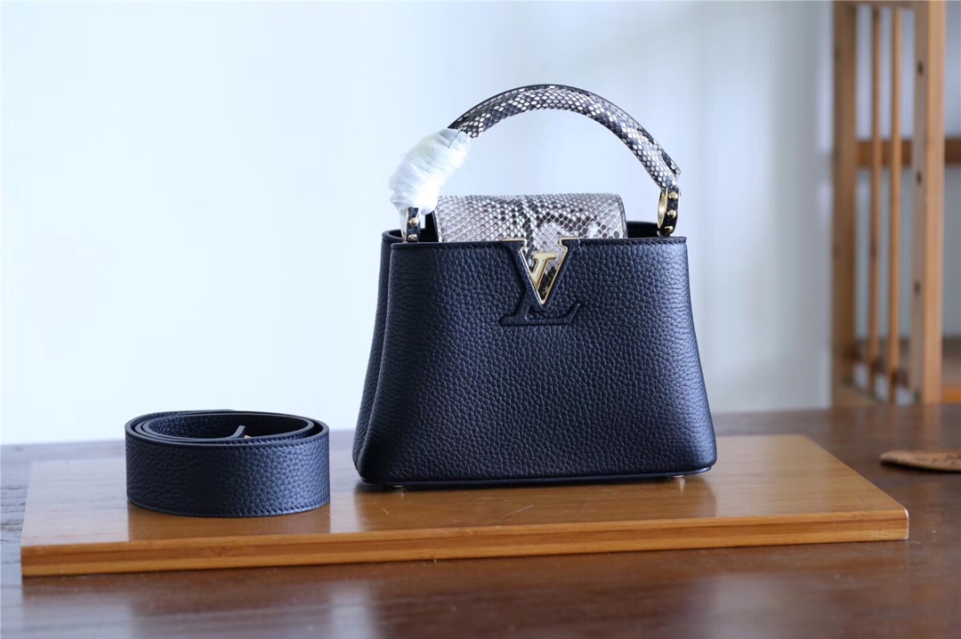 Louis Vuitton LV Capucines Bags Handbags Black Lychee Pattern All Steel Cowhide Fetal Snake Skin Mini N96467