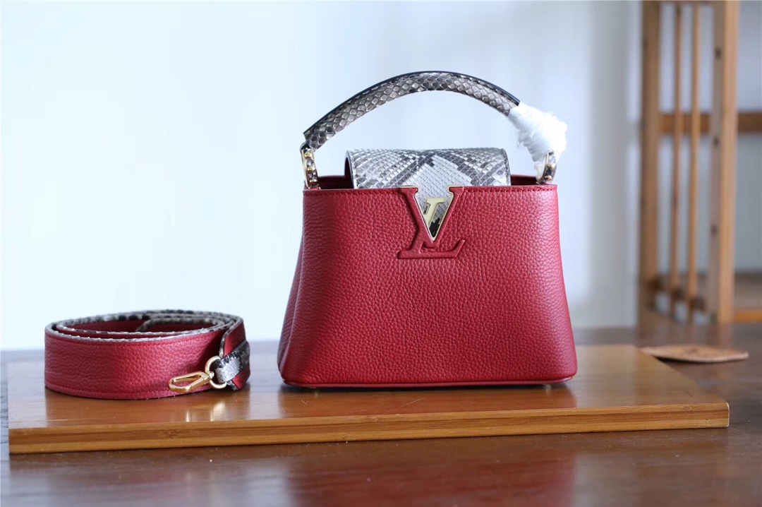 What is top quality replica
 Louis Vuitton LV Capucines Bags Handbags Red Lychee Pattern All Steel Cowhide Fetal Snake Skin Mini N96467