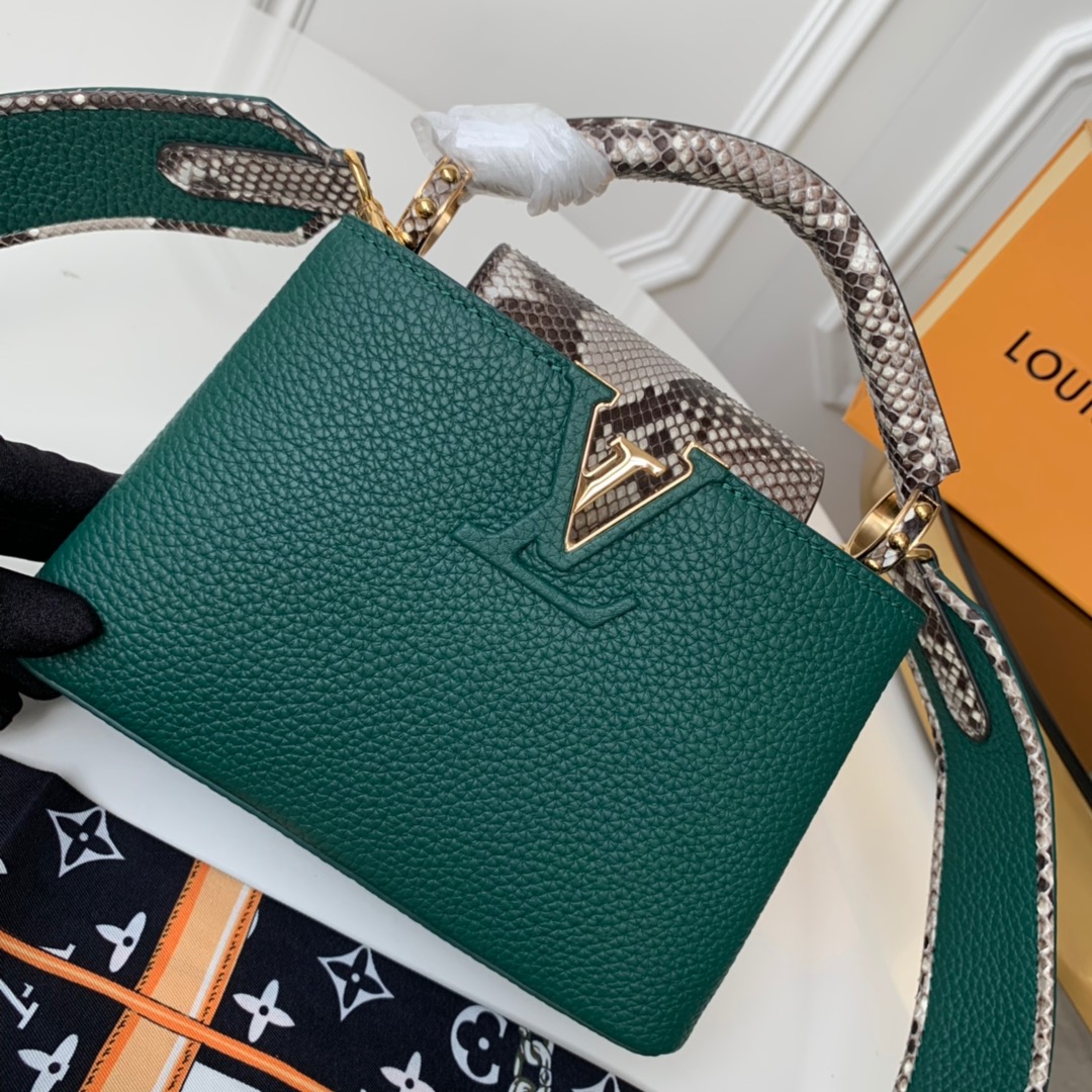 mirror quality
 Louis Vuitton LV Capucines Bags Handbags Black Gold Taurillon Snake Skin Mini N95509