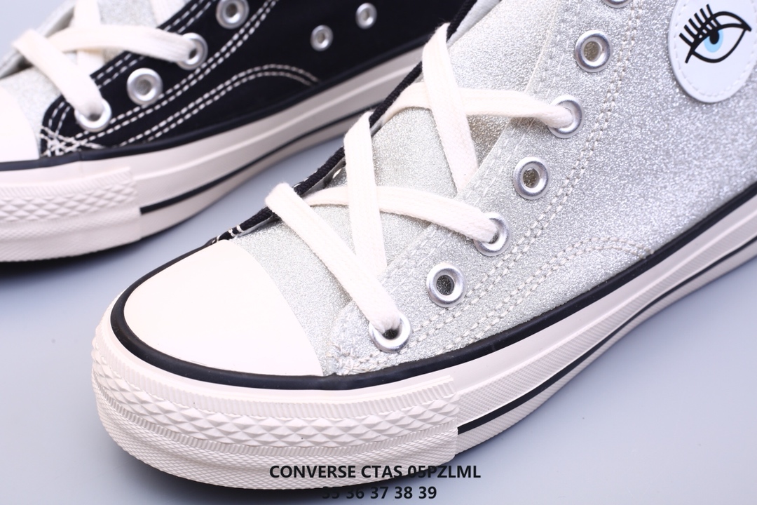 80 Converse x Chiara Ferragni 匡威联名款亮片拼接高帮板鞋 bingbing的亮片拼接帆布加上萌萌的大眼睛魔术贴