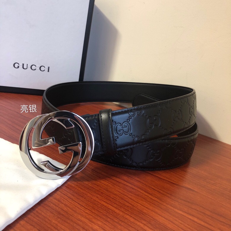 原单 Gucci 古弛意大利制造经典双G压花进口牛皮腰带皮带，商务休闲，宽度:40mm