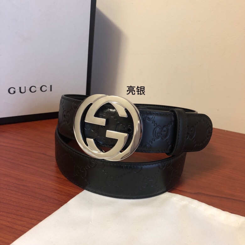 原单 Gucci 古弛意大利制造经典双G压花进口牛皮腰带皮带，商务休闲，宽度:40mm