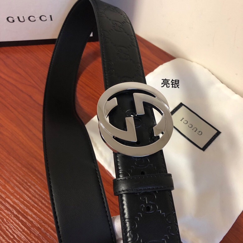 原单 Gucci 古弛意大利制造经典双G压花进口牛皮腰带皮带，商务休闲，宽度:40mm