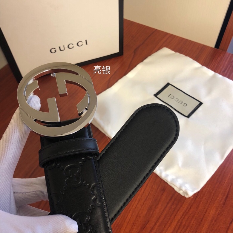 原单 Gucci 古弛意大利制造经典双G压花进口牛皮腰带皮带，商务休闲，宽度:40mm