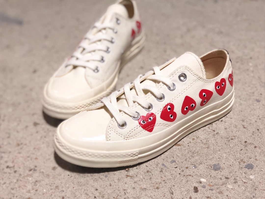 150蓝底双围条版本CDG PLAY x Converse 匡威1970S三星标 川久保玲联名款帆布鞋 米白低帮 多心