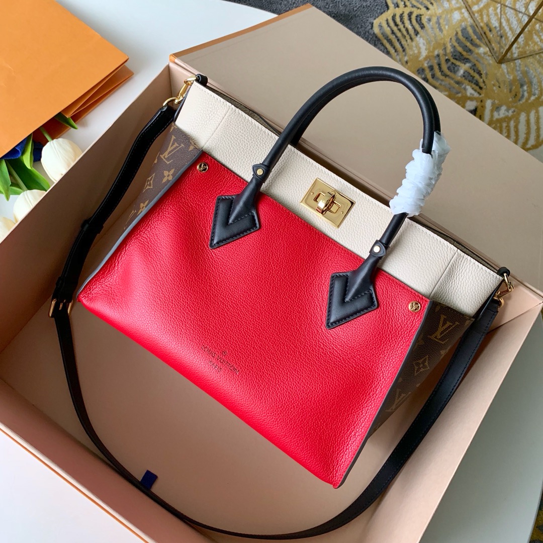 Louis Vuitton LV On My Side Bags Handbags Red Splicing Monogram Canvas Calfskin Cowhide M53823