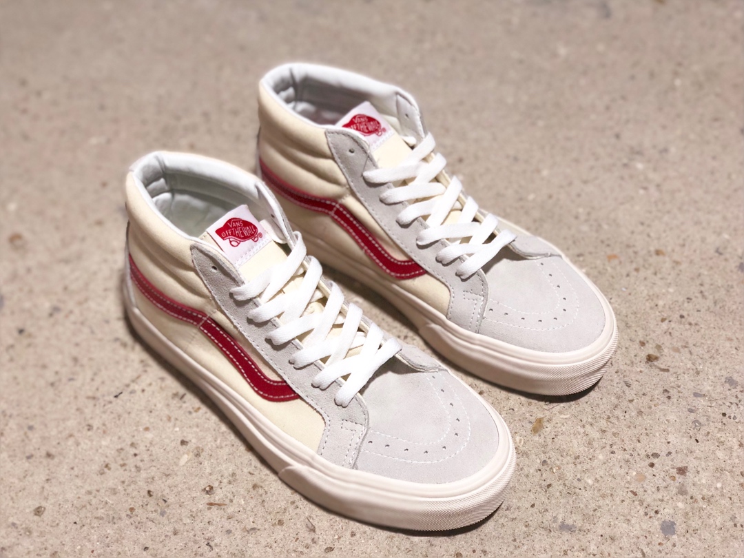 170硫化版本出货！Vans SK8-Mid 万斯权志龙白红中帮男鞋女鞋情侣款休闲帆布板鞋正确硫化工艺 耐磨鞋面材质