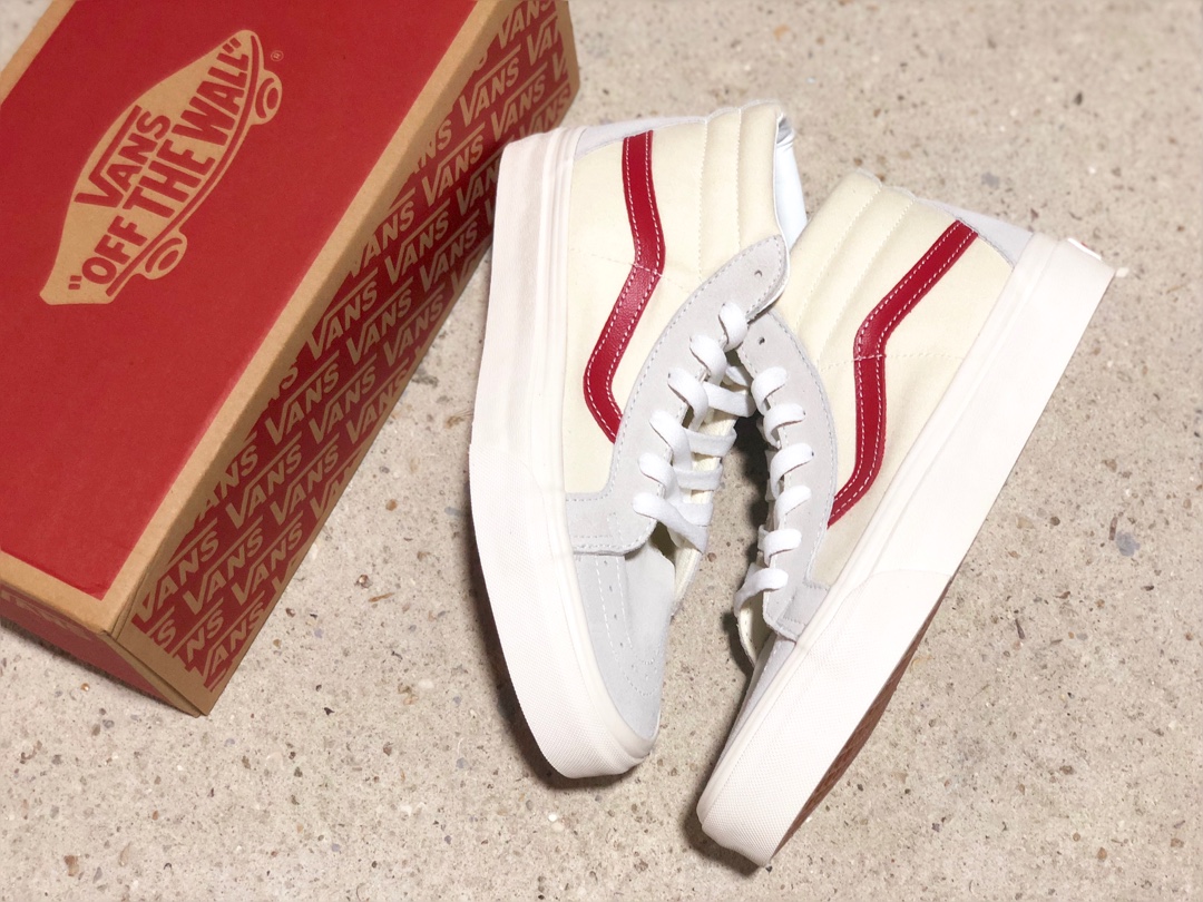 170硫化版本出货！Vans SK8-Mid 万斯权志龙白红中帮男鞋女鞋情侣款休闲帆布板鞋正确硫化工艺 耐磨鞋面材质