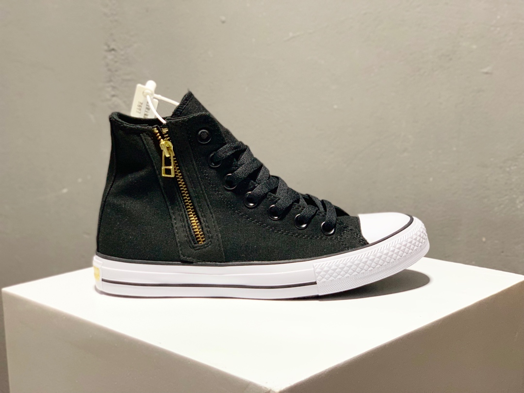 160日本匡威100周年纪念款Converse ALL STAR GOLDZIP HI 限定白金/黑金高帮拉链帆布鞋