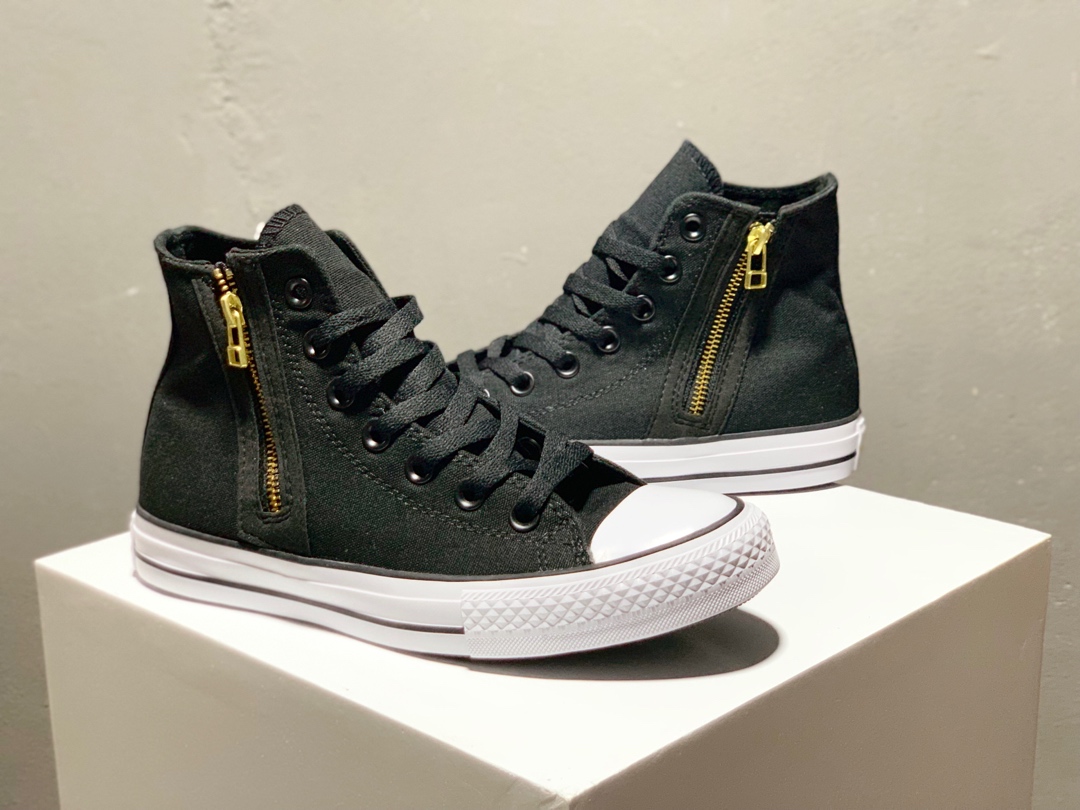 160日本匡威100周年纪念款Converse ALL STAR GOLDZIP HI 限定白金/黑金高帮拉链帆布鞋