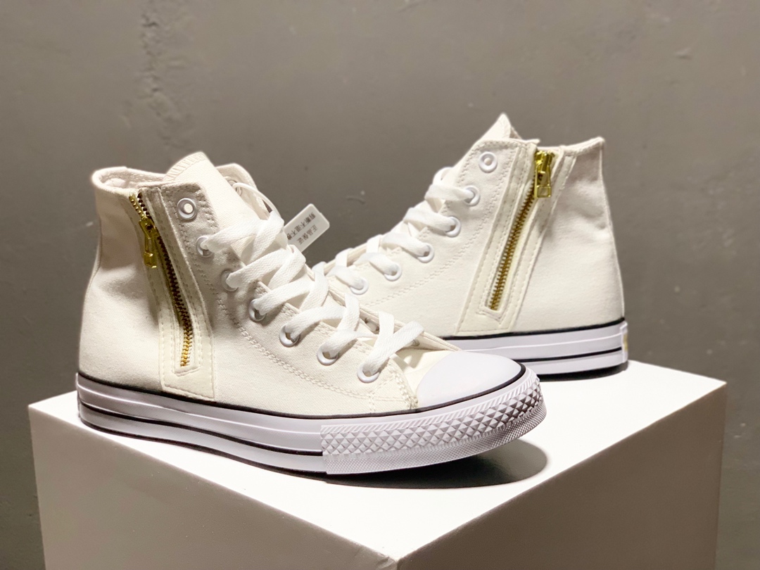 160日本匡威100周年纪念款Converse ALL STAR GOLDZIP HI 限定白金/黑金高帮拉链帆布鞋