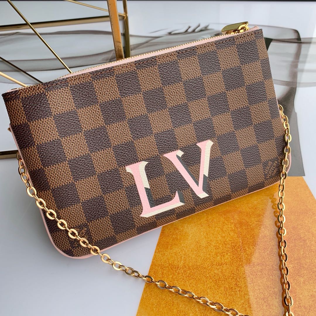 Louis Vuitton LV Pochette Double Zip Crossbody & Shoulder Bags Pink Printing Damier Ebene Canvas Chains N60254