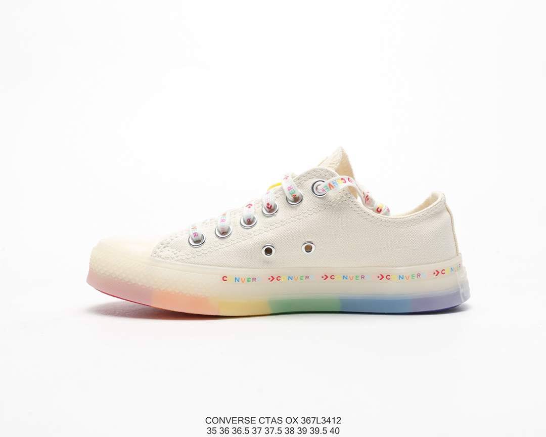 150小红书搭配爆款   19缤纷夏季限定配色 匡威CONVERSE Chuck Taylor All Star Ox彩色串标果冻彩虹低帮休闲运动百搭帆布板鞋“米白串标彩虹底”165613C