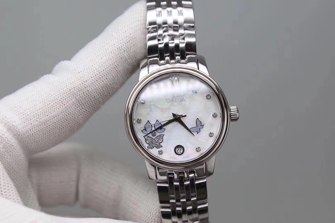 Omega 欧米茄碟飞系列典雅女，平民版本，32.7mm直径.10mm厚度，天然珍珠贝壳