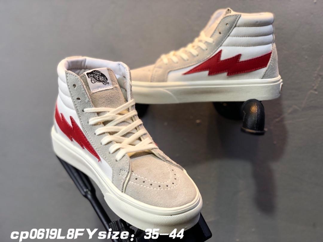 90Vans 万斯新款闪电米白红高帮 真反绒皮+帆布 紫光防伪标