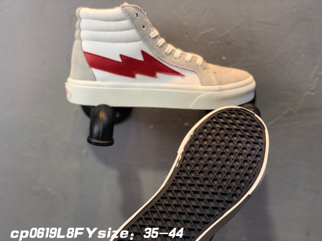 90Vans 万斯新款闪电米白红高帮 真反绒皮+帆布 紫光防伪标