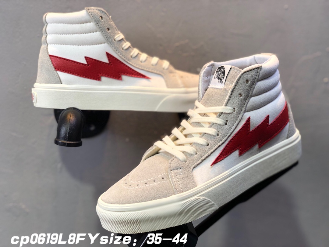 90Vans 万斯新款闪电米白红高帮 真反绒皮+帆布 紫光防伪标