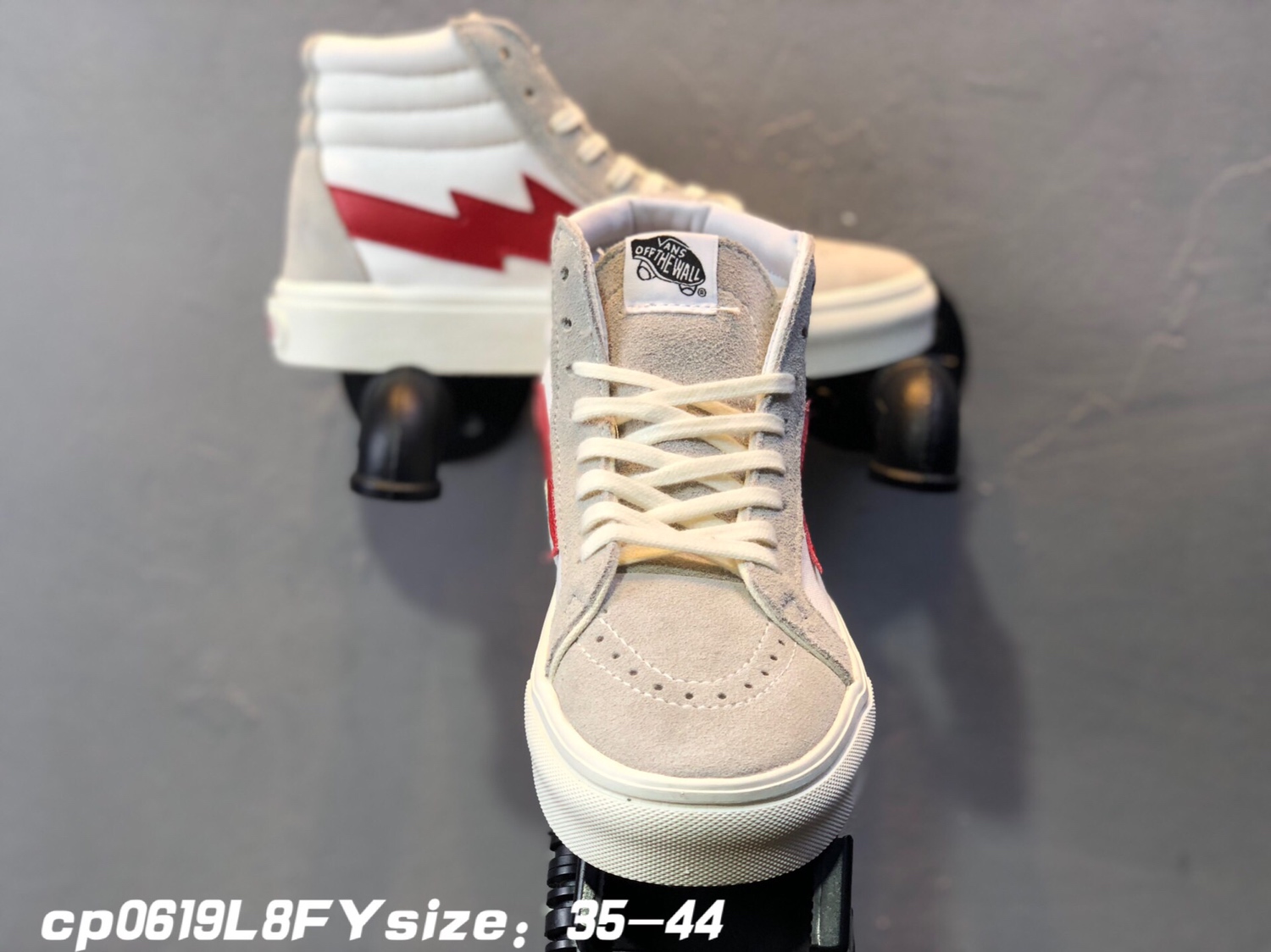 90Vans 万斯新款闪电米白红高帮 真反绒皮+帆布 紫光防伪标