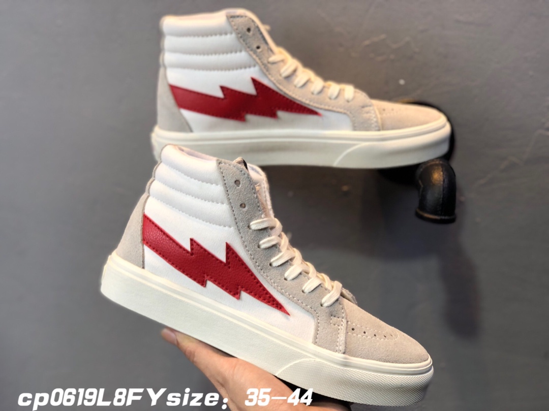 90Vans 万斯新款闪电米白红高帮 真反绒皮+帆布 紫光防伪标