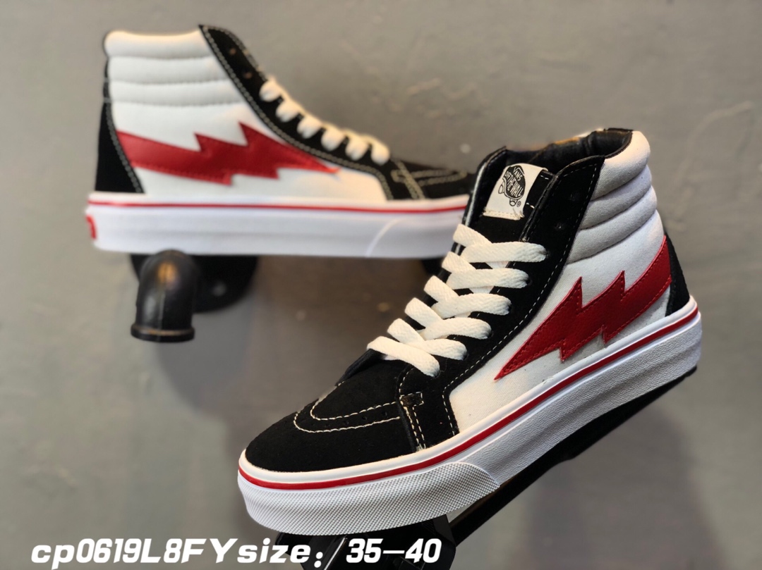 90Vans 万斯新款闪电米白红高帮 真反绒皮+帆布 紫光防伪标 型号Fs103