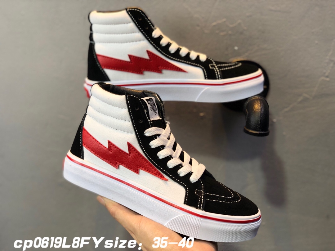 90Vans 万斯新款闪电米白红高帮 真反绒皮+帆布 紫光防伪标 型号Fs103