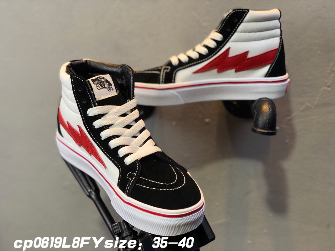 90Vans 万斯新款闪电米白红高帮 真反绒皮+帆布 紫光防伪标 型号Fs103