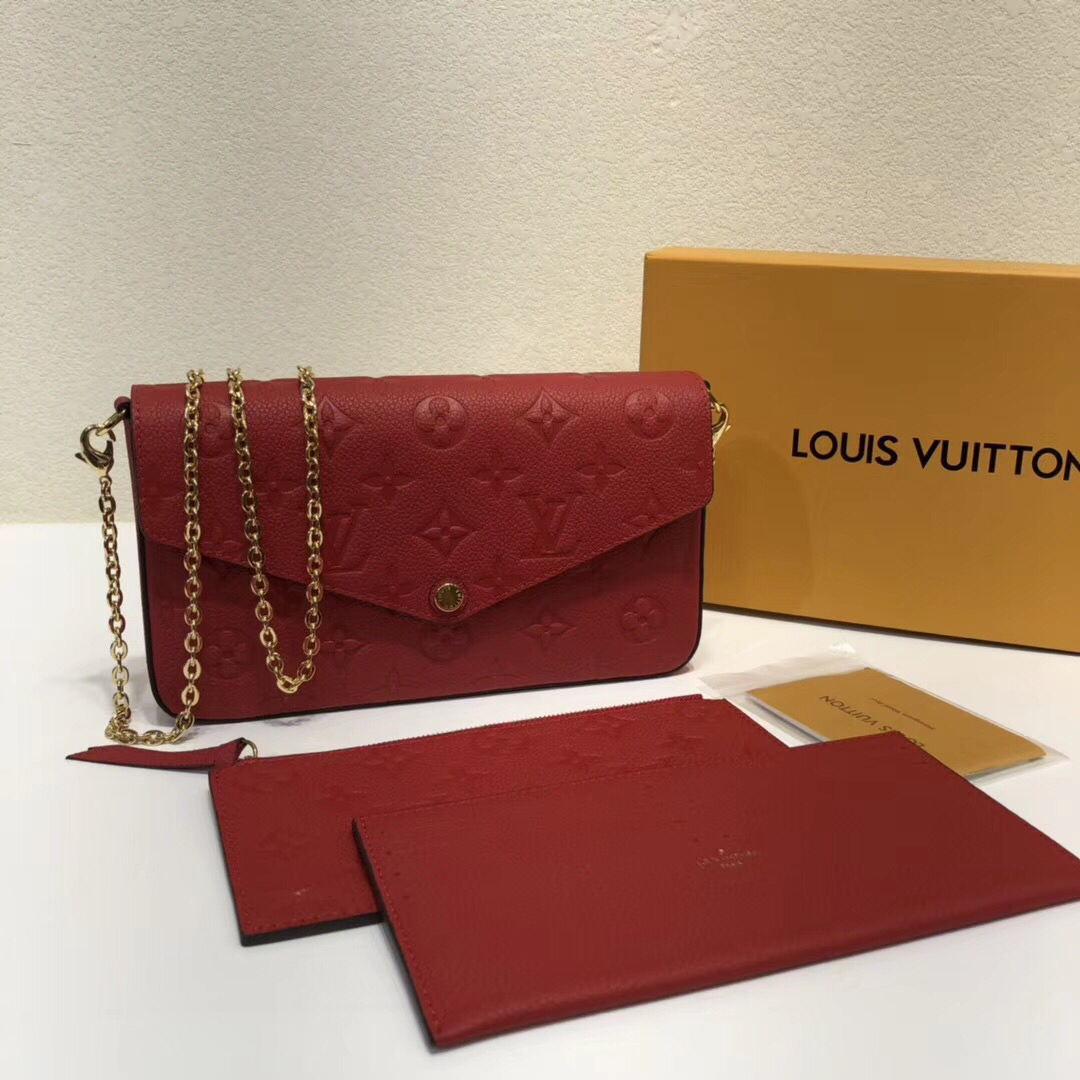 Louis Vuitton LV Pochette FeLicie Wallet Shop Designer Replica
 Gold Red Empreinte​ Cowhide Fabric Chains M64065