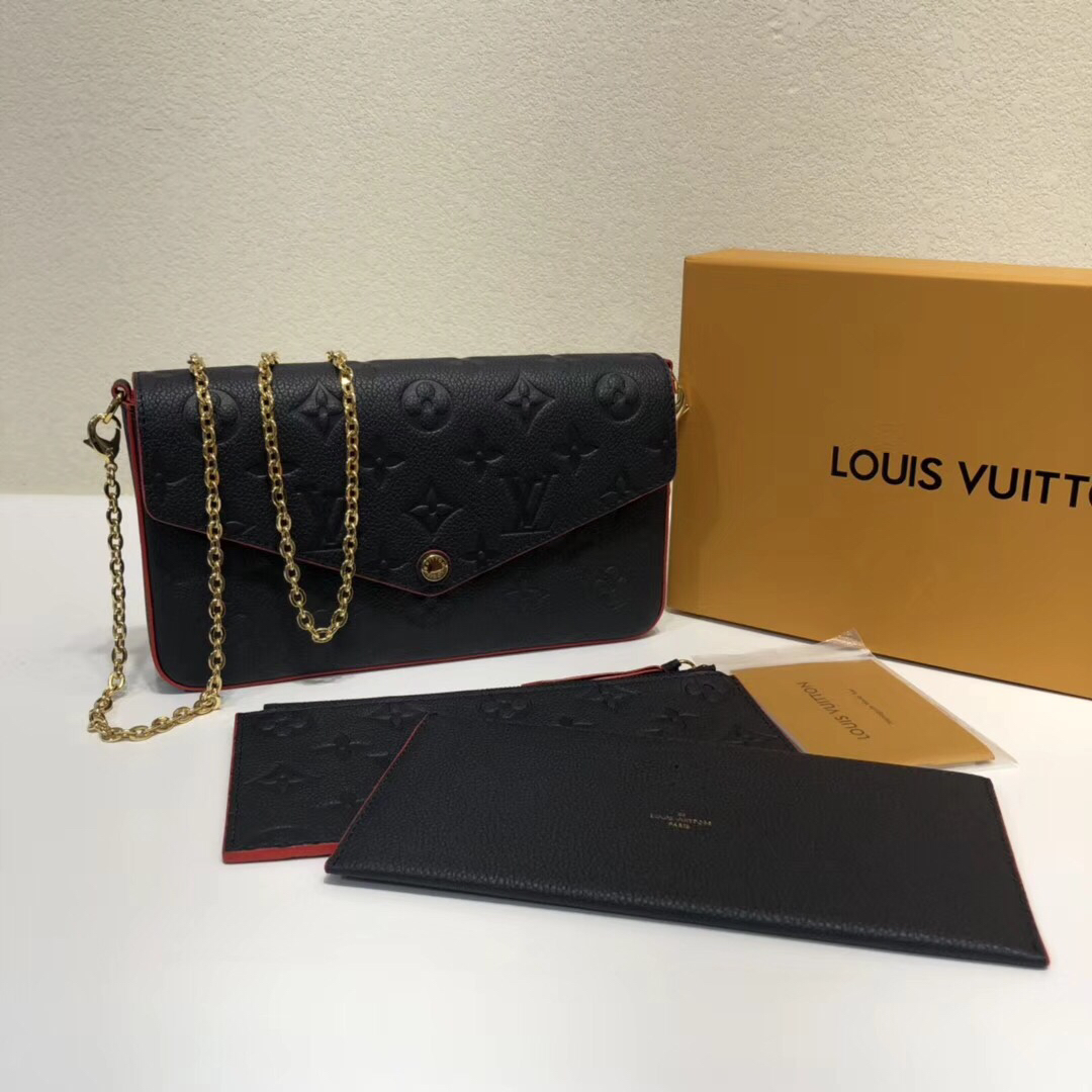 Louis Vuitton LV Pochette FeLicie Wallet Gold Red Empreinte​ Cowhide Fabric Chains M64065