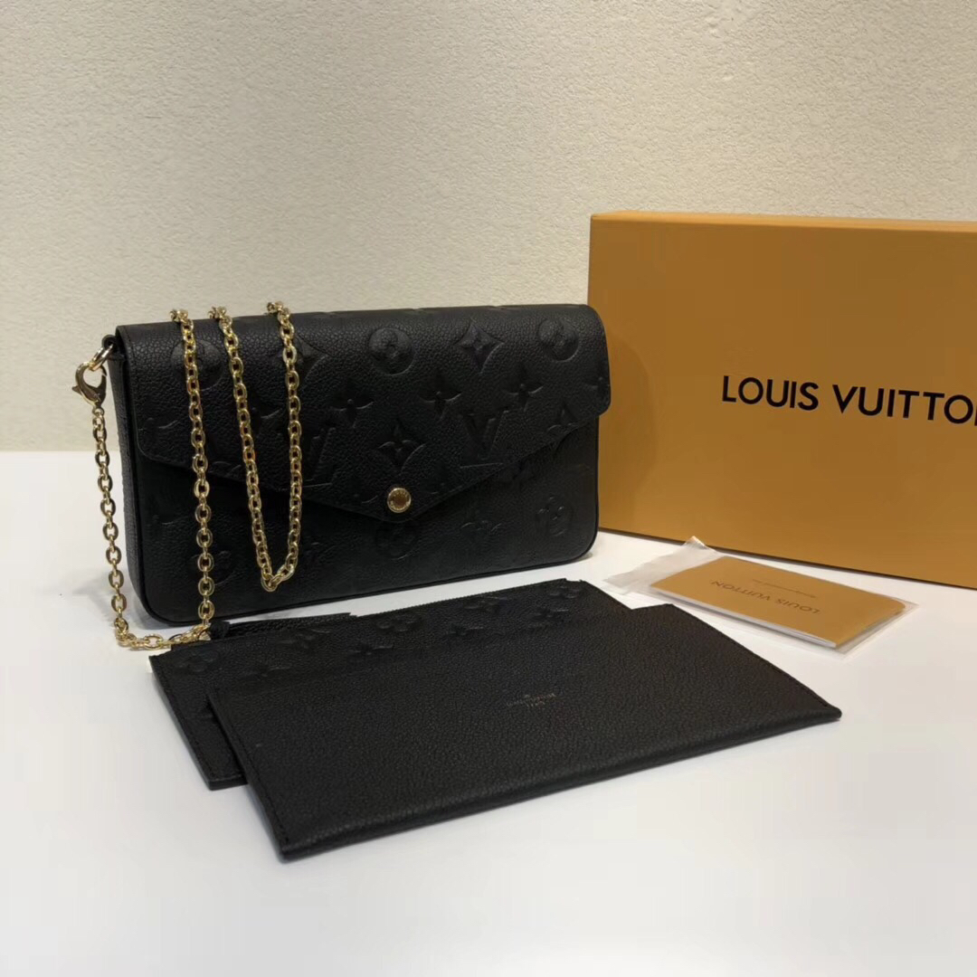 Louis Vuitton LV Pochette FeLicie Wallet Gold Red Empreinte​ Cowhide Fabric Chains M64065