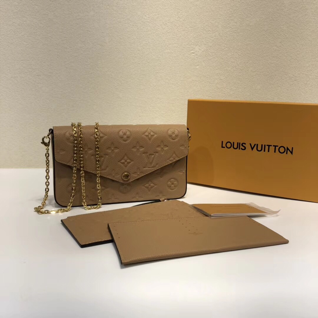 AAA+
 Louis Vuitton LV Pochette FeLicie Wallet Gold Red Empreinte​ Cowhide Fabric Chains M64065