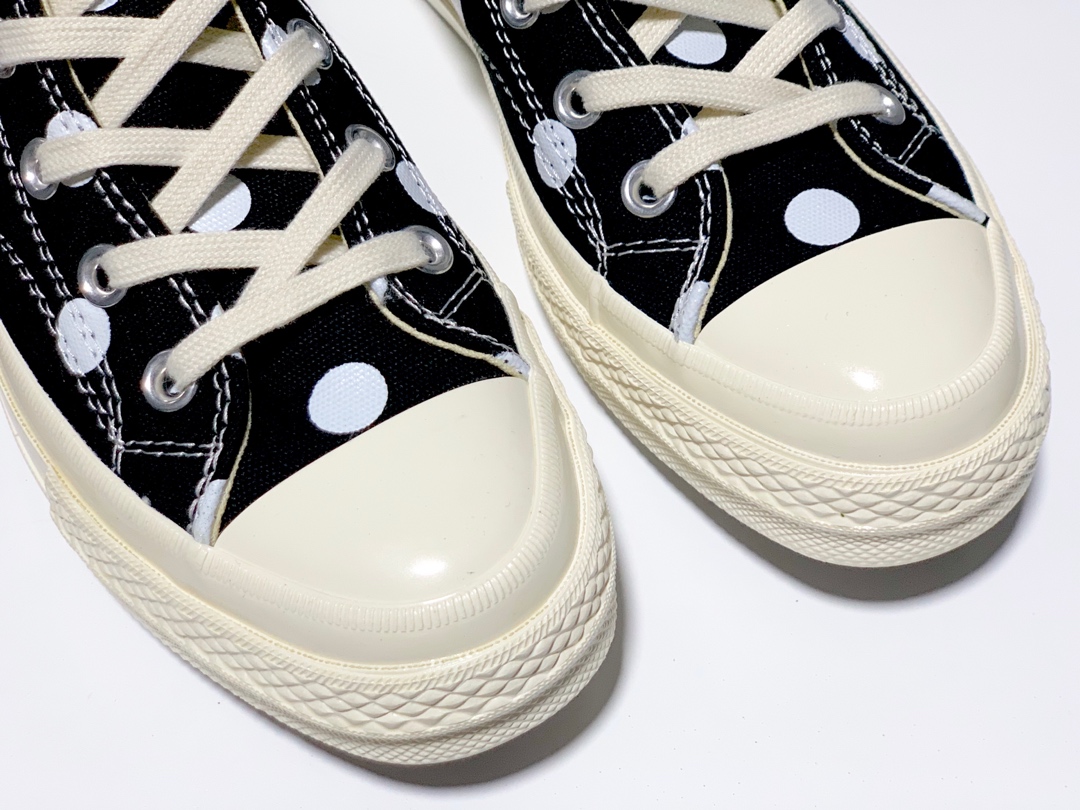 150CDG Play x Converse 1970s 匡威川久保玲 爱心波点 黑色高帮双围条高弹PU蓝底 三联吊牌