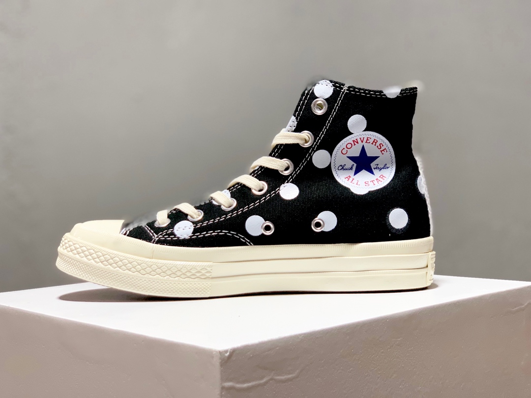 150CDG Play x Converse 1970s 匡威川久保玲 爱心波点 黑色高帮双围条高弹PU蓝底 三联吊牌