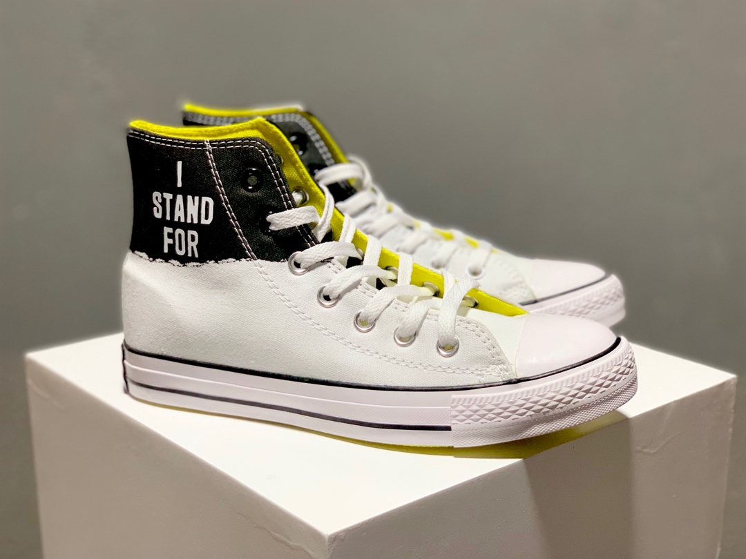 150Converse Chuck Taylor All Star High “l Stand For”匡威和平之路主题黑白拼色蓝底高帮男女帆布鞋   货号：165709C