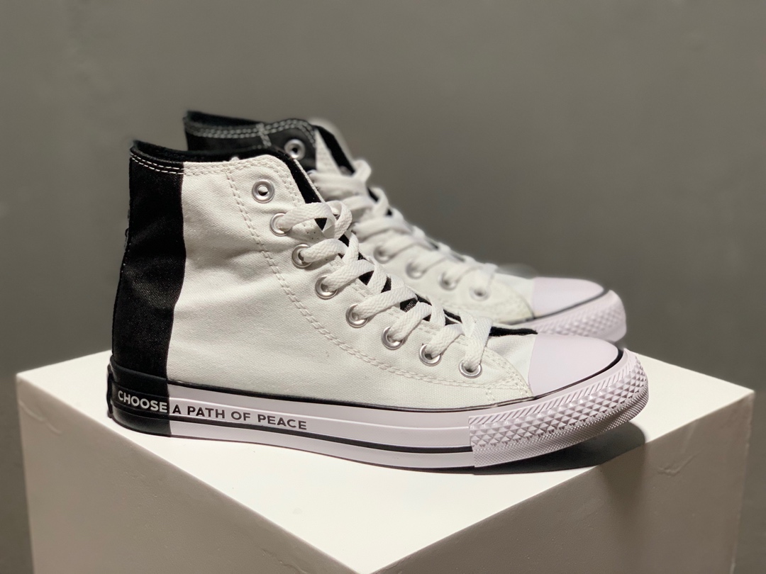 150Converse X Seek Peace All Star Ox 反战主题 和平之路拼接黑白高帮帆布鞋反战符号魔术贴