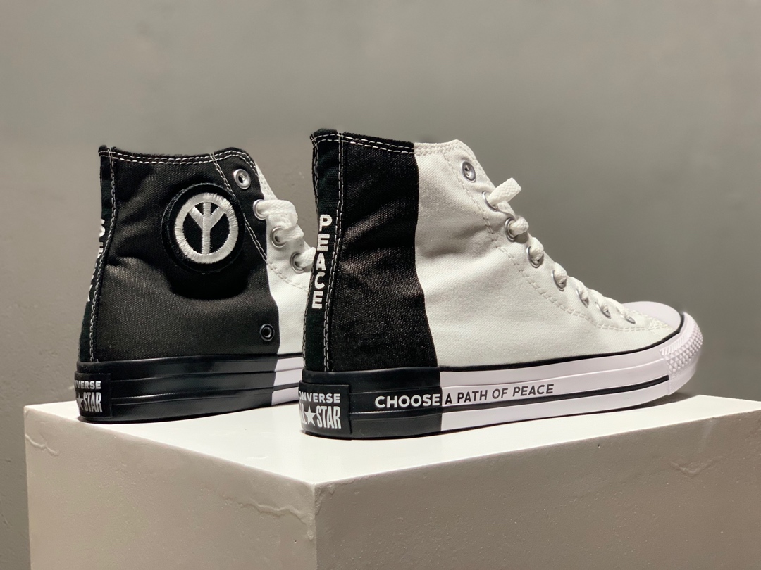 150Converse X Seek Peace All Star Ox 反战主题 和平之路拼接黑白高帮帆布鞋反战符号魔术贴