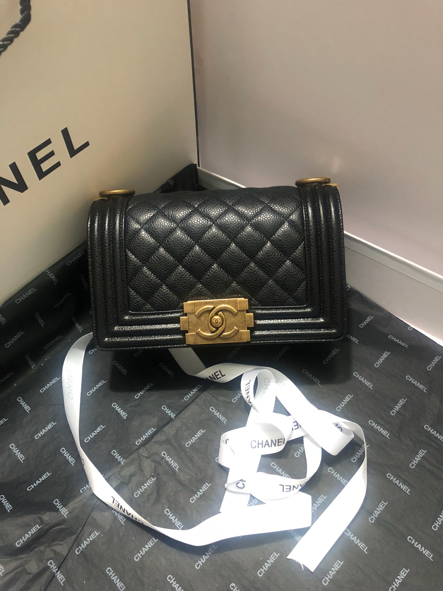 Chanel Boy Bag 20cm Black Quilted Leather with Gold-Tone Hardware