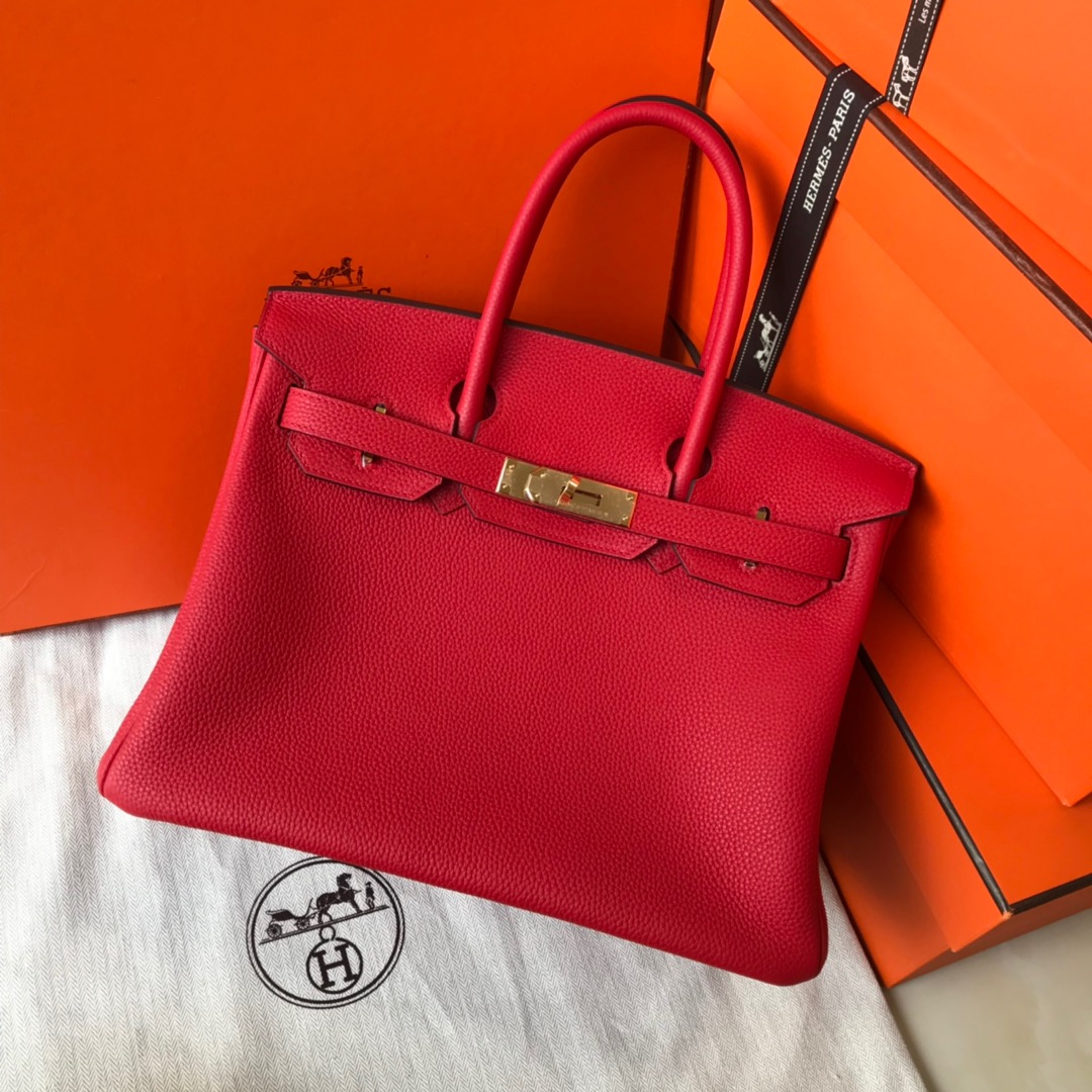 birkin35cm piel togo rojo brillante hebilla dorada y plateada en stock