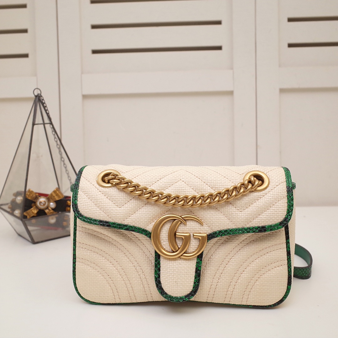 Gucci Marmont AAA
 Crossbody & Shoulder Bags Green Rose Printing Raffia Snake Skin Straw Woven Fall Collection Chains