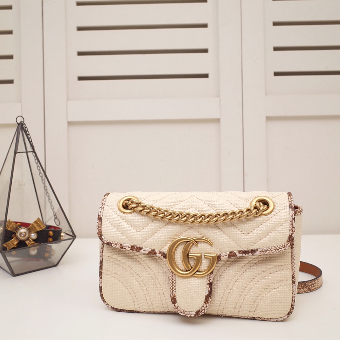 Buy High-Quality Fake
 Gucci Marmont Crossbody & Shoulder Bags Same as Original
 Apricot Color Rose Printing Raffia Snake Skin Straw Woven Fall Collection Chains